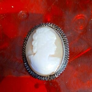 Vintage Cameo Brooch / Pendant with 800 Sterling Silver Trim